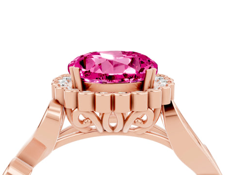 Rose gold Round Cut Pink Sapphire Halo Ring with Vintage Split Shank and Four-Prong Setting_4