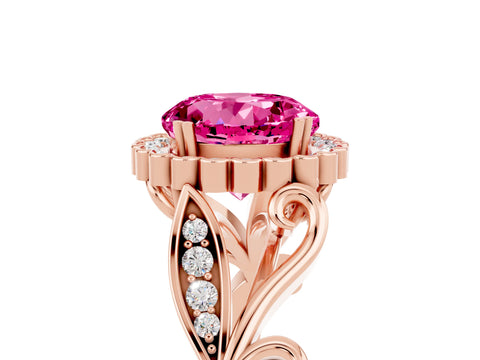Rose gold Round Cut Pink Sapphire Halo Ring with Vintage Split Shank and Four-Prong Setting_5