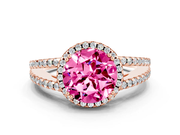 Rose gold Round Cut Pink Sapphire Halo Split Shank Engagement Ring