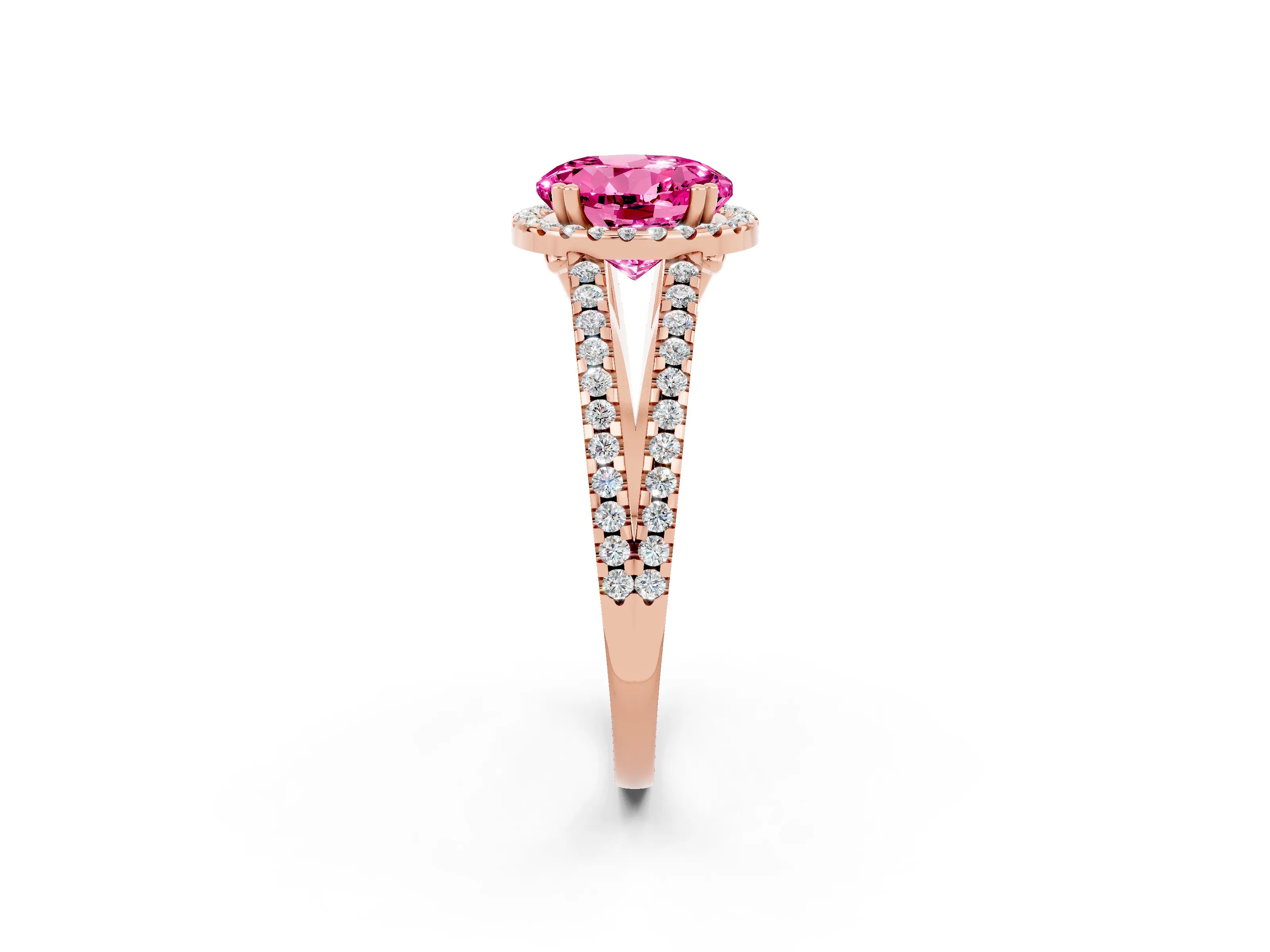 Rose gold Round Cut Pink Sapphire Halo Split Shank Engagement Ring_14