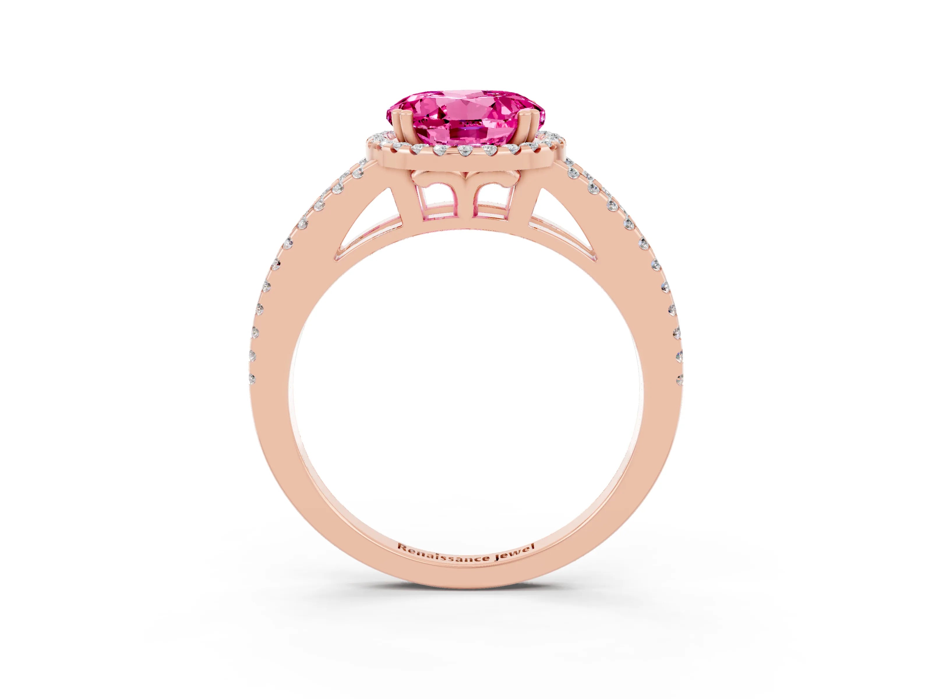 Rose gold Round Cut Pink Sapphire Halo Split Shank Engagement Ring_15