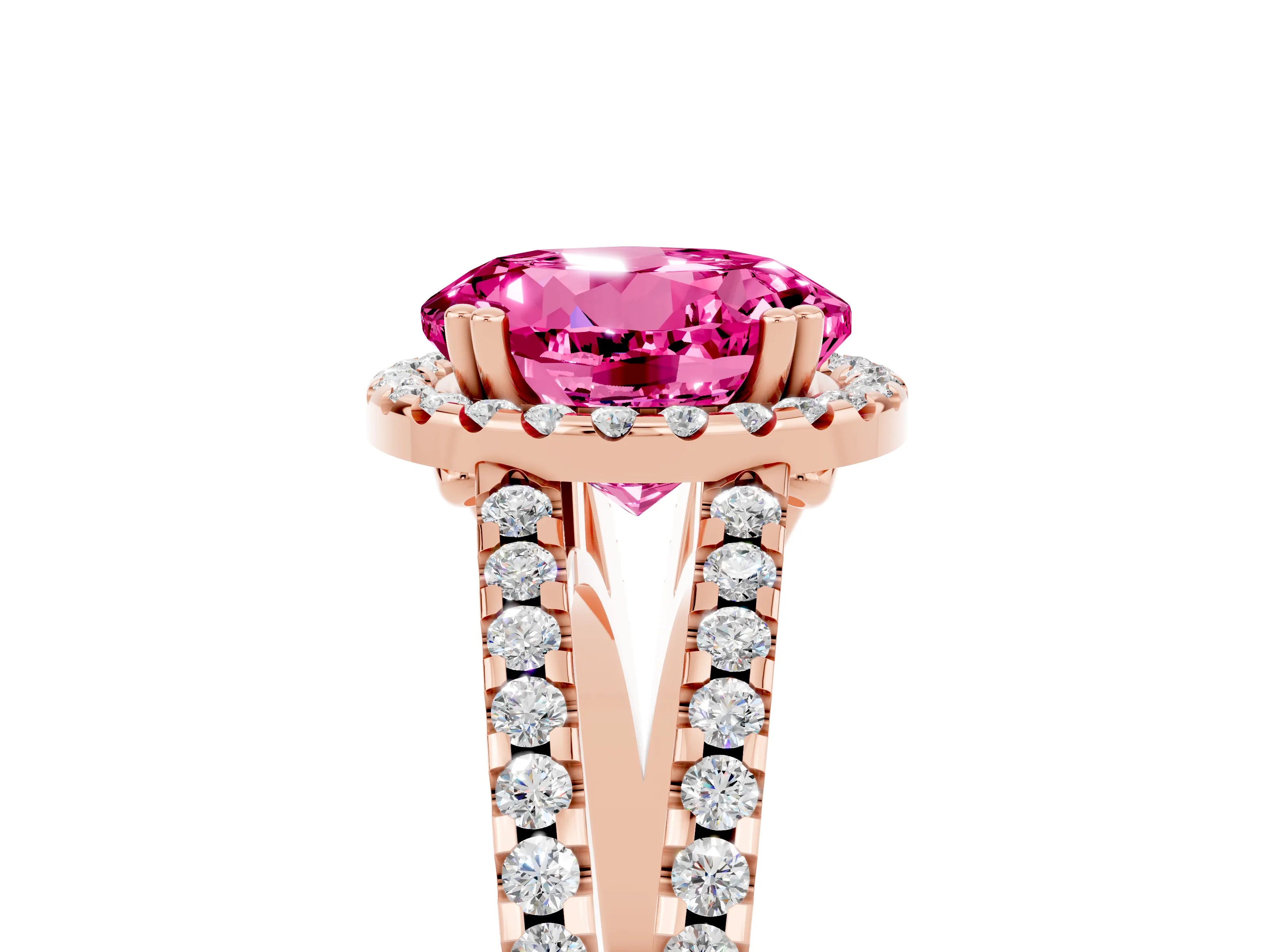 Rose gold Round Cut Pink Sapphire Halo Split Shank Engagement Ring_17