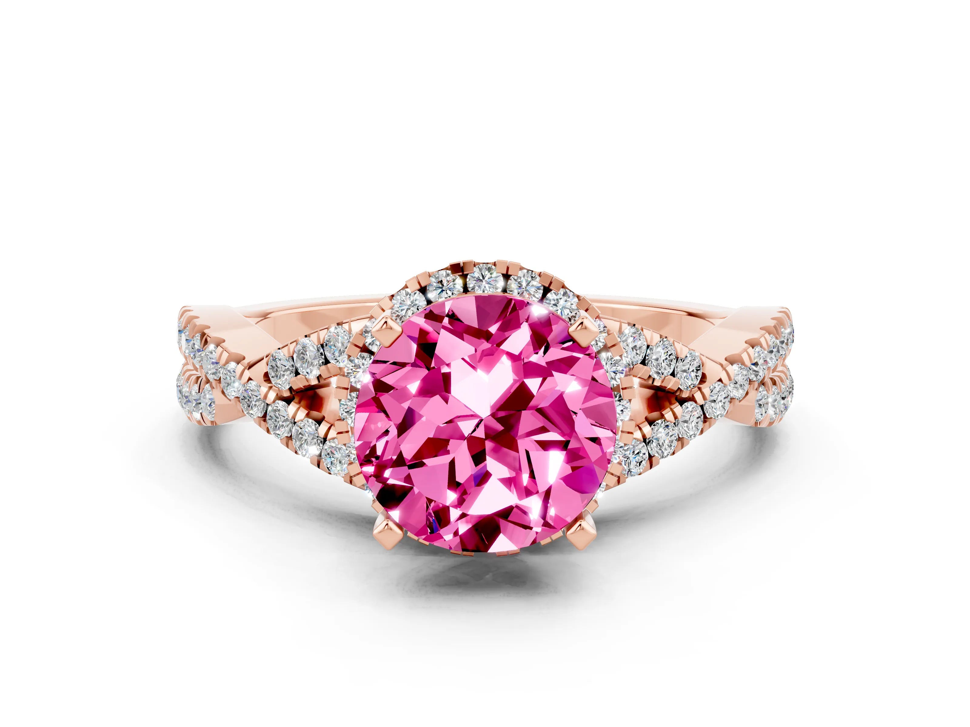 Rose gold Round Cut Pink Sapphire Halo Twist Band Solitaire Prong Setting Ring_24