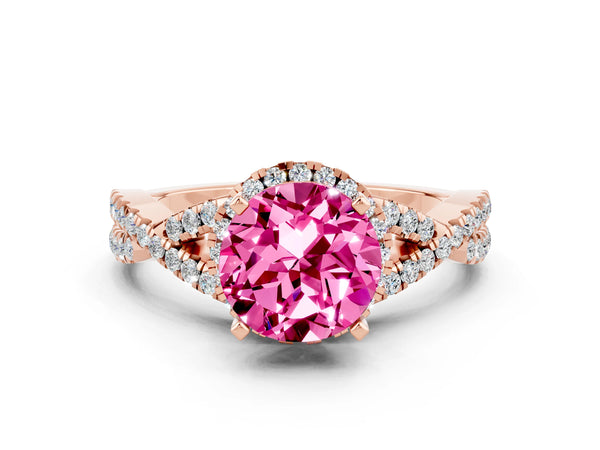 Rose gold Round Cut Pink Sapphire  Halo Twist Band Solitaire Prong Setting Ring