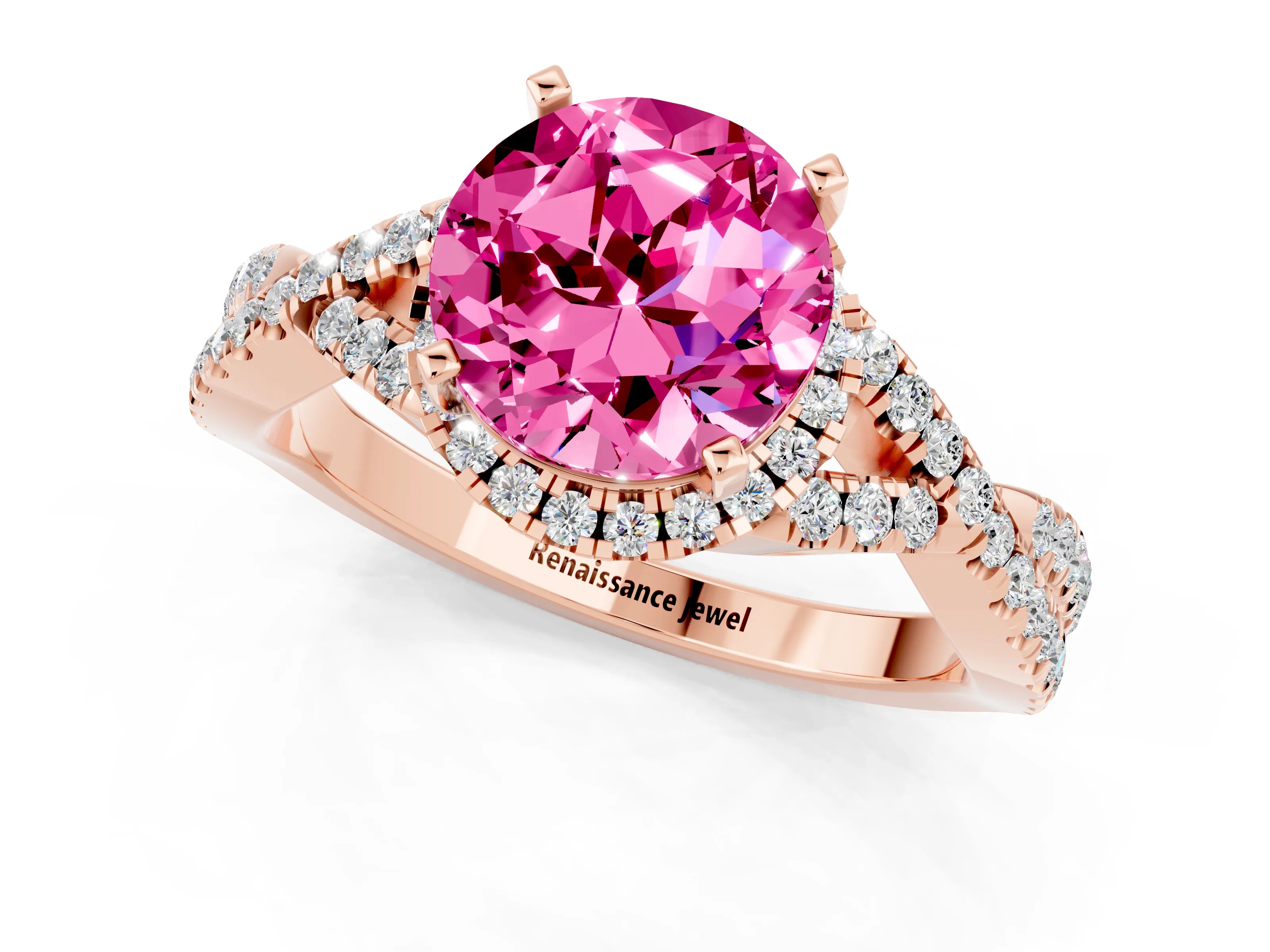 Rose gold Round Cut Pink Sapphire Halo Twist Band Solitaire Prong Setting Ring_25
