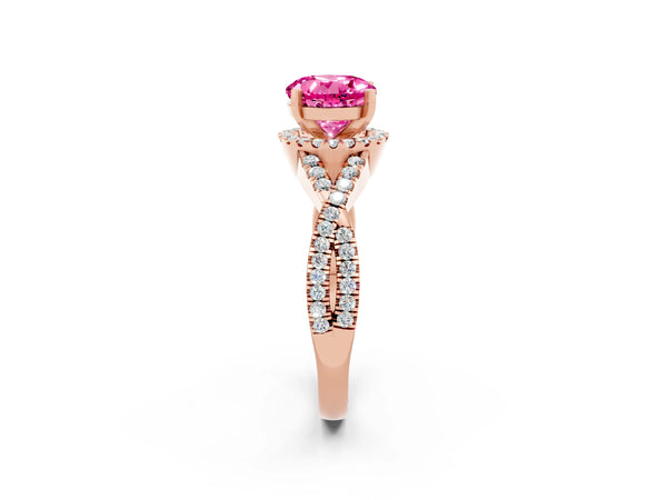 Rose gold Round Cut Pink Sapphire  Halo Twist Band Solitaire Prong Setting Ring