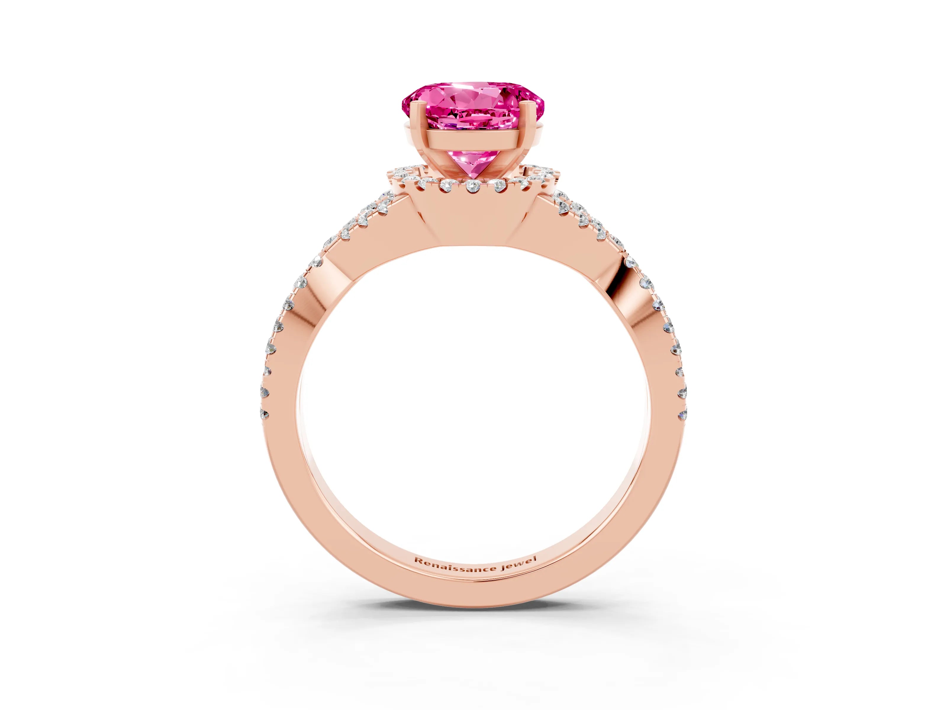 Rose gold Round Cut Pink Sapphire Halo Twist Band Solitaire Prong Setting Ring_27