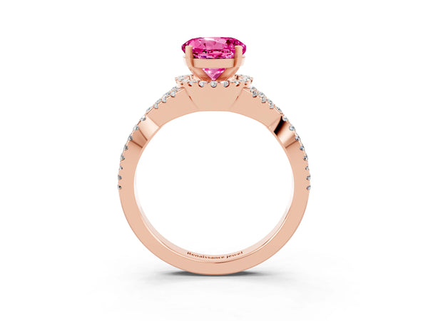 Rose gold Round Cut Pink Sapphire  Halo Twist Band Solitaire Prong Setting Ring