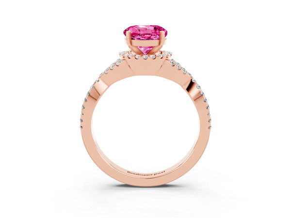Rose gold Round Cut Pink Sapphire  Halo Twist Band Solitaire Prong Setting Ring