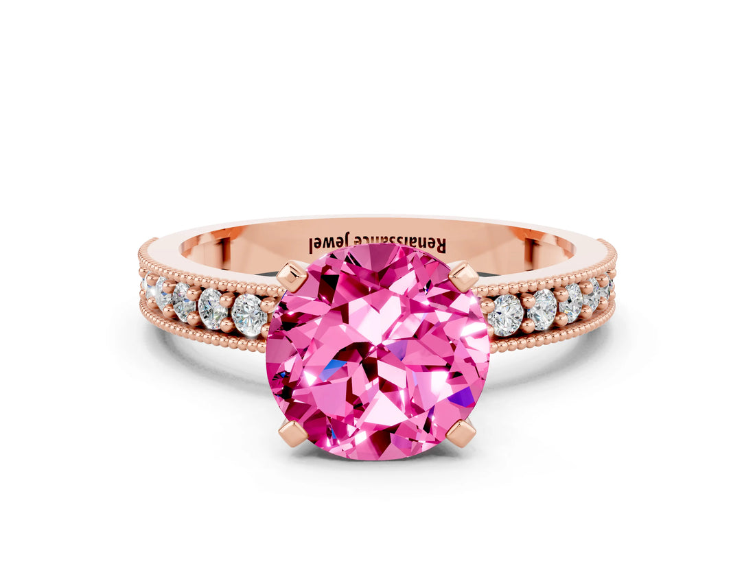 Rose gold Round Cut Pink Sapphire Milgrain Pavé Engagement Ring with Four-Prong Setting_24