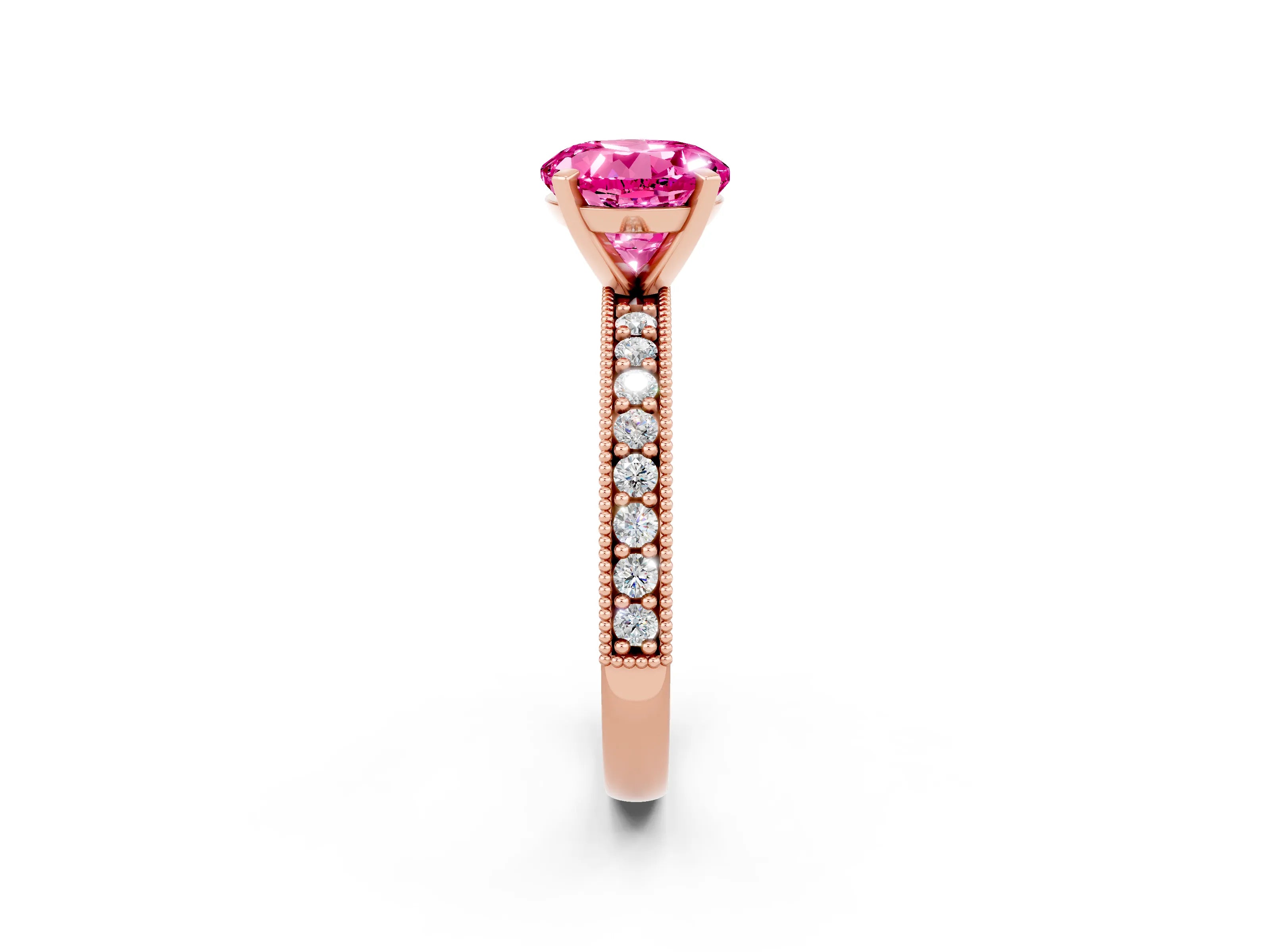 Rose gold Round Cut Pink Sapphire Milgrain Pavé Engagement Ring with Four-Prong Setting_26