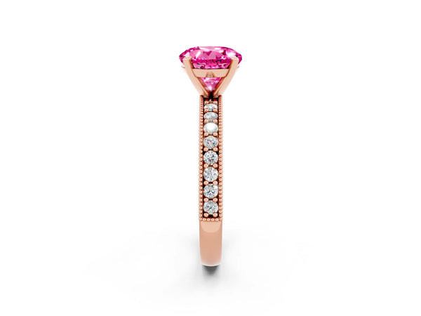 Rose gold Round Cut Pink Sapphire Milgrain Pavé Engagement Ring with Four-Prong Setting
