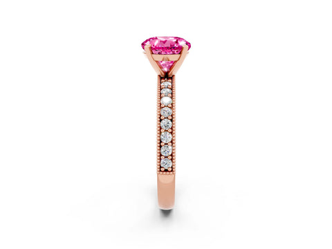 Rose gold Round Cut Pink Sapphire Milgrain Pavé Engagement Ring with Four-Prong Setting_26