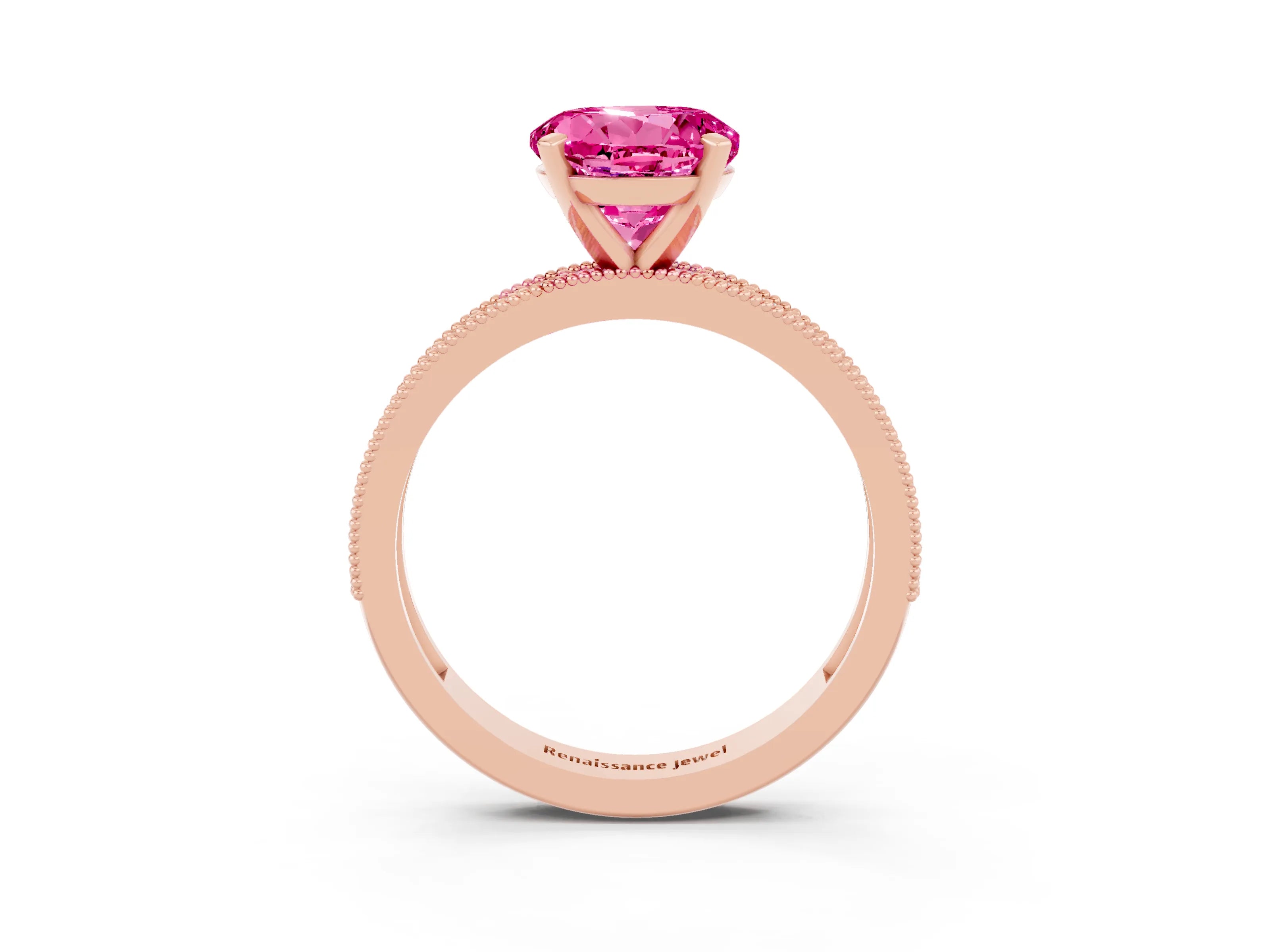 Rose gold Round Cut Pink Sapphire Milgrain Pavé Engagement Ring with Four-Prong Setting_27