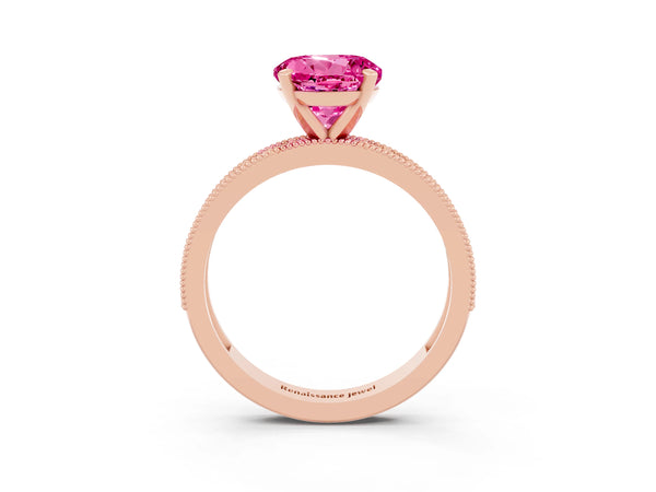 Rose gold Round Cut Pink Sapphire Milgrain Pavé Engagement Ring with Four-Prong Setting