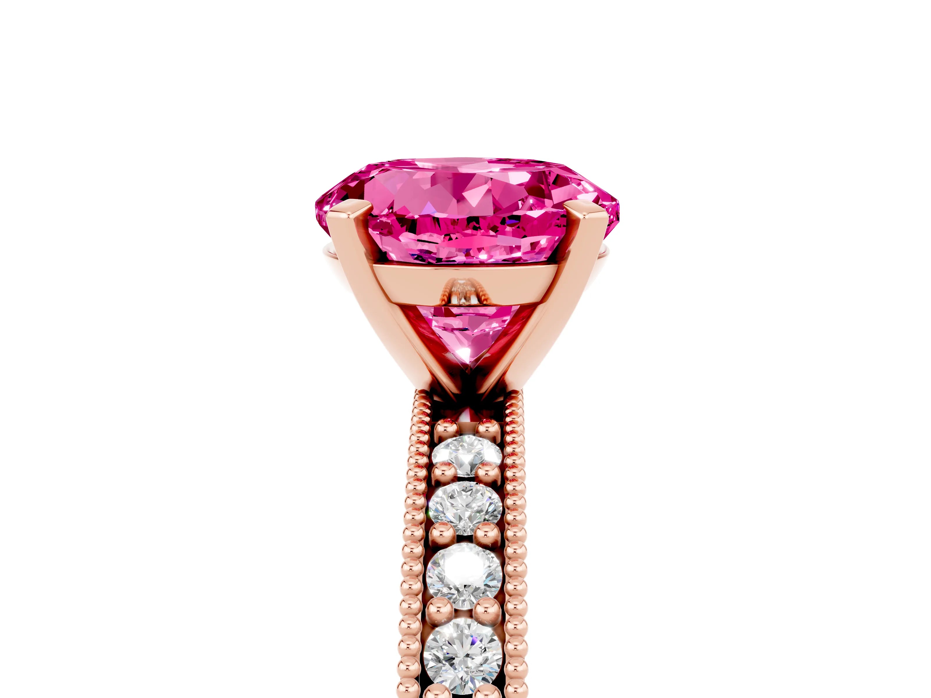 Rose gold Round Cut Pink Sapphire Milgrain Pavé Engagement Ring with Four-Prong Setting_29