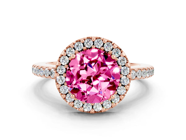 Rose gold Round Cut Pink Sapphire Pavé Halo Ring with Four-Prong Setting