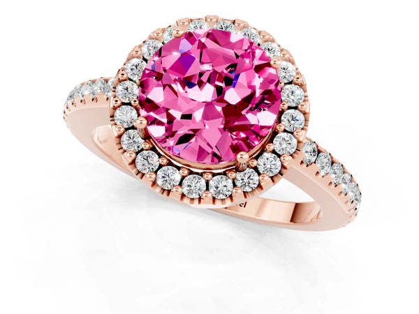 Rose gold Round Cut Pink Sapphire Pavé Halo Ring with Four-Prong Setting