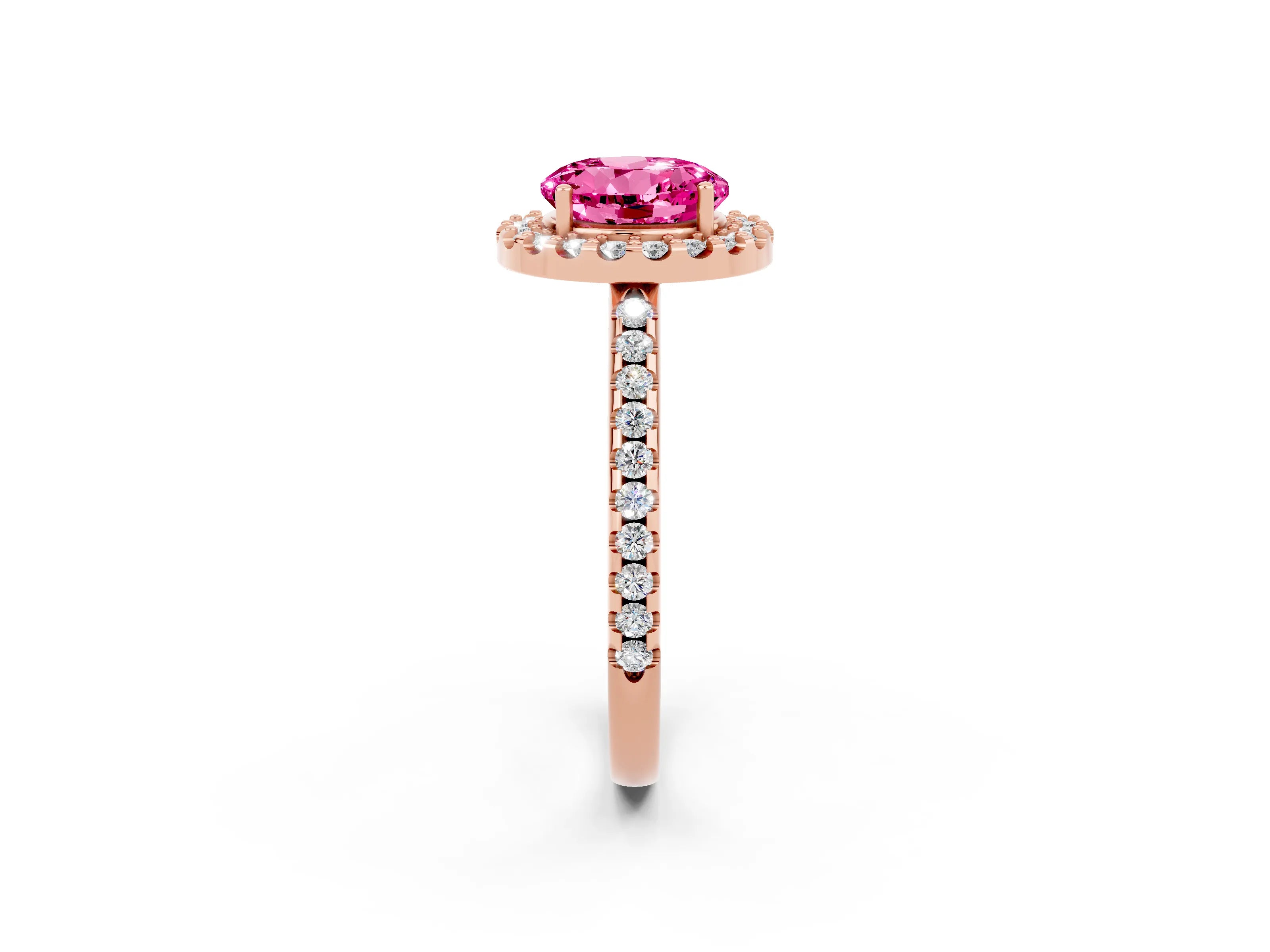 Rose gold Round Cut Pink Sapphire Pavé Halo Ring with Four-Prong Setting_14