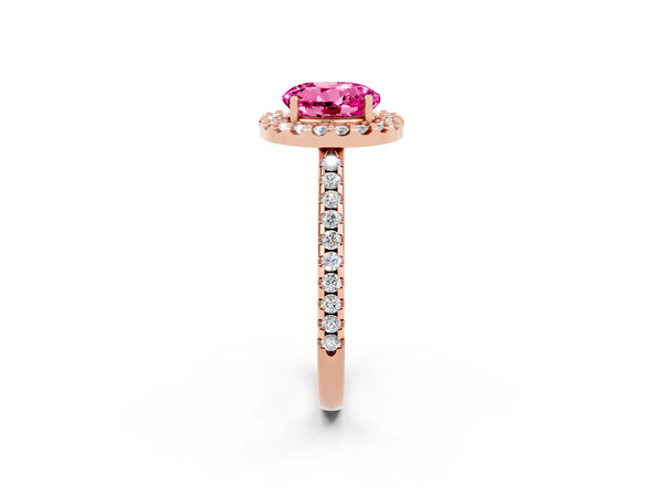 Rose gold Round Cut Pink Sapphire Pavé Halo Ring with Four-Prong Setting