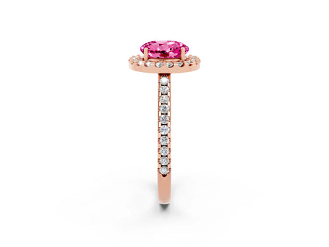 Rose gold Round Cut Pink Sapphire Pavé Halo Ring with Four-Prong Setting_14