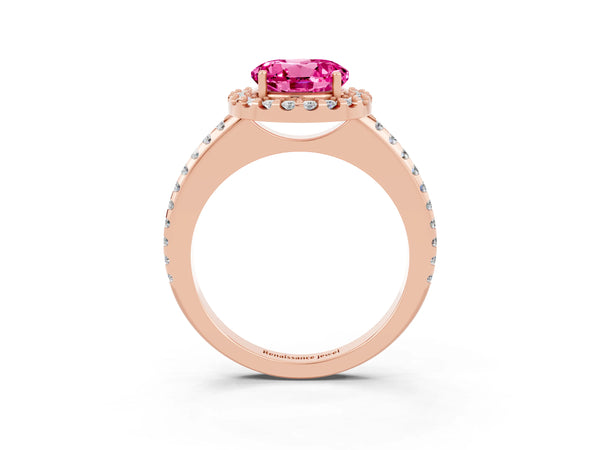 Rose gold Round Cut Pink Sapphire Pavé Halo Ring with Four-Prong Setting