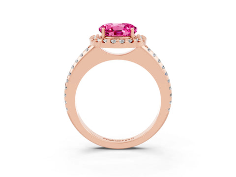 Rose gold Round Cut Pink Sapphire Pavé Halo Ring with Four-Prong Setting_15