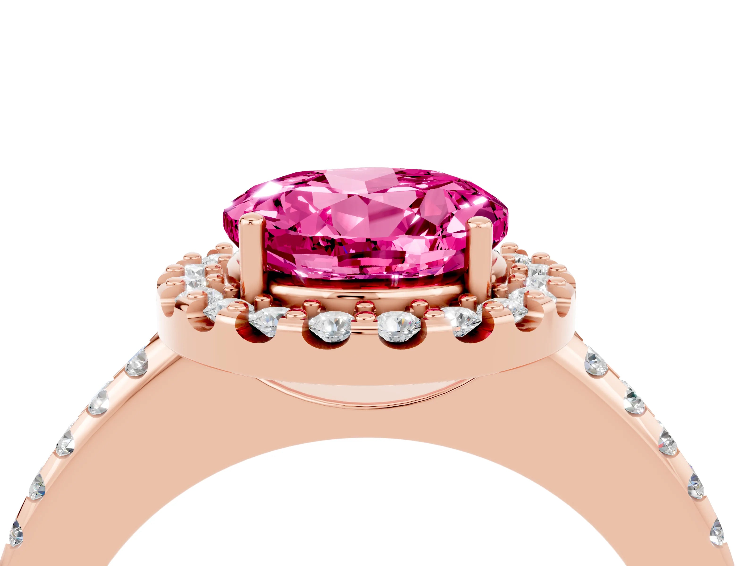 Rose gold Round Cut Pink Sapphire Pavé Halo Ring with Four-Prong Setting_16