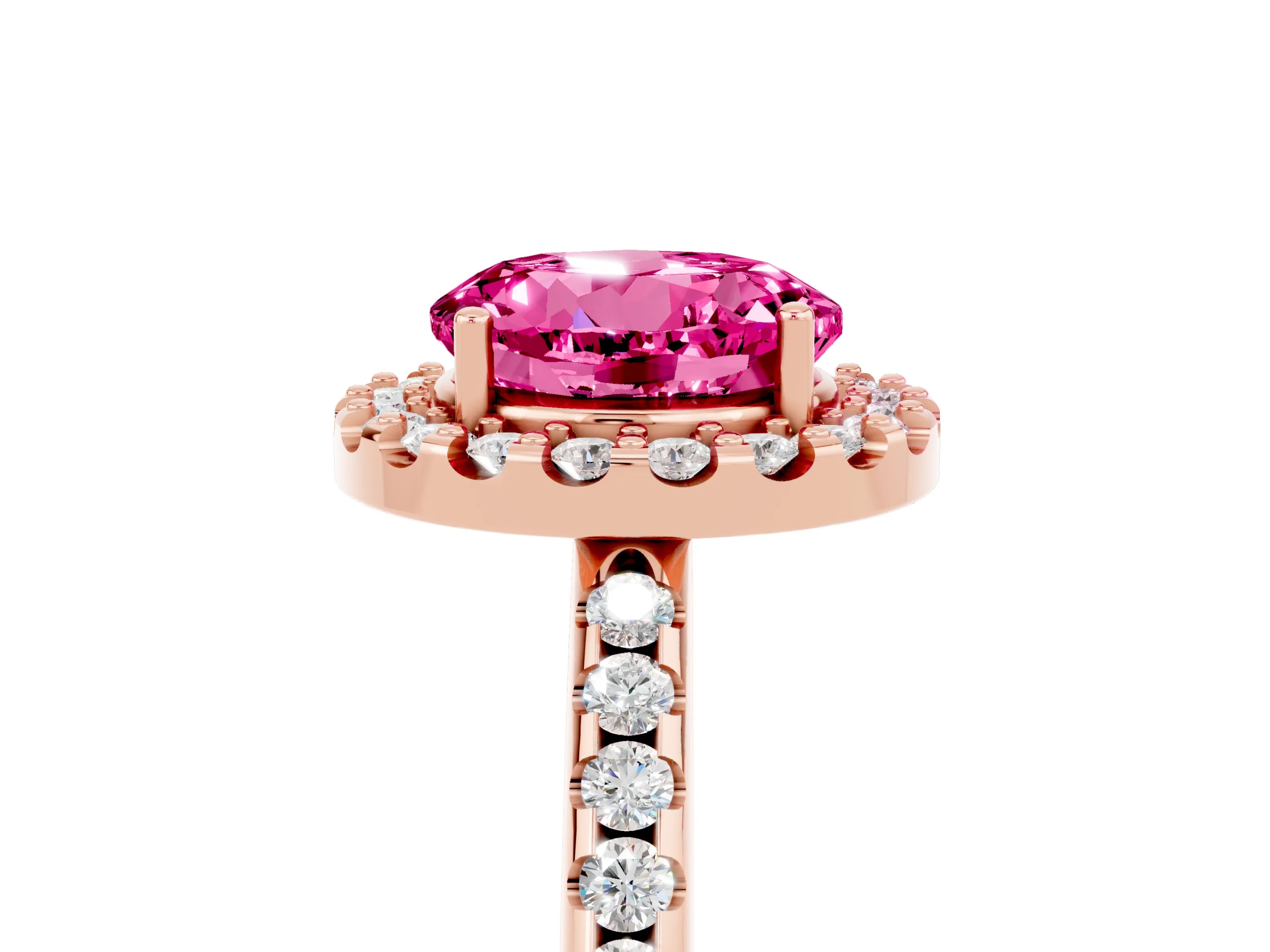 Rose gold Round Cut Pink Sapphire Pavé Halo Ring with Four-Prong Setting_17