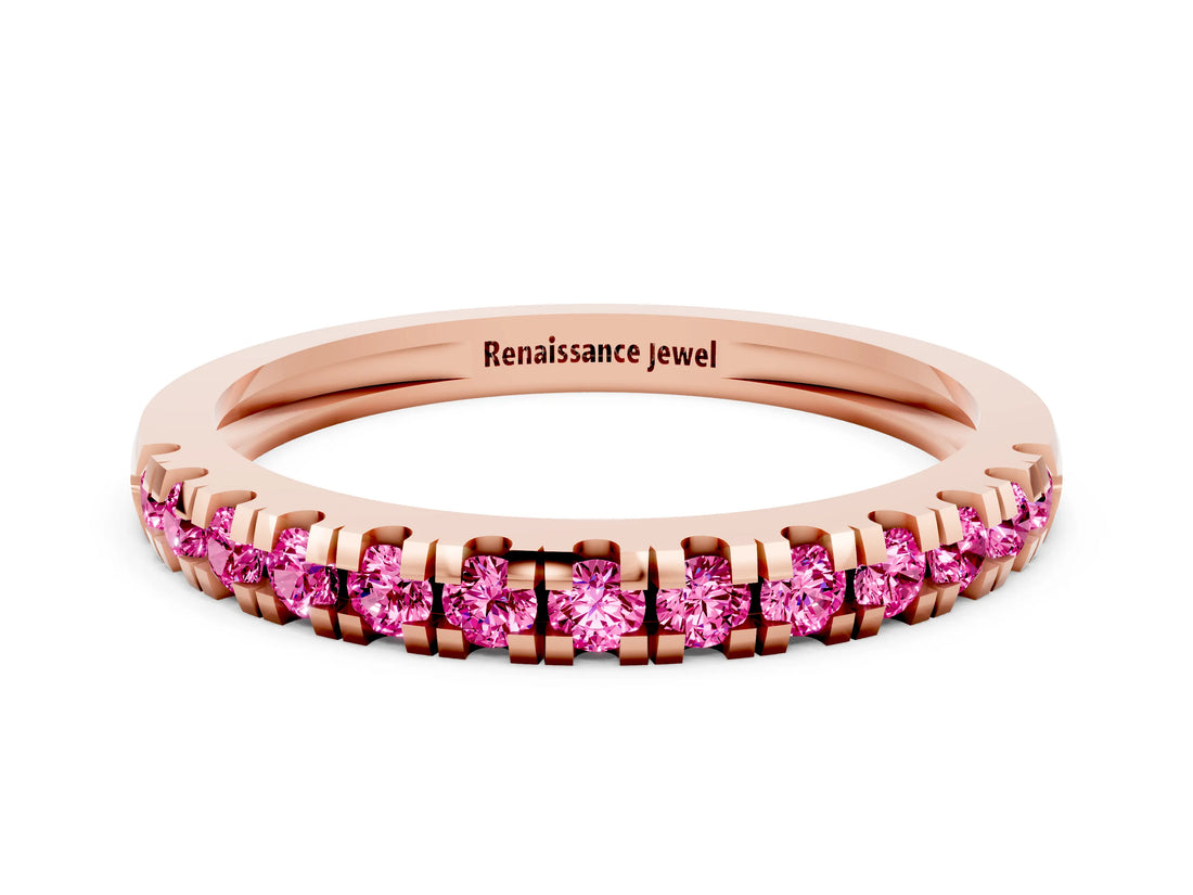 Rose gold Round Cut Pink Sapphire Pavé Set Thin Band
