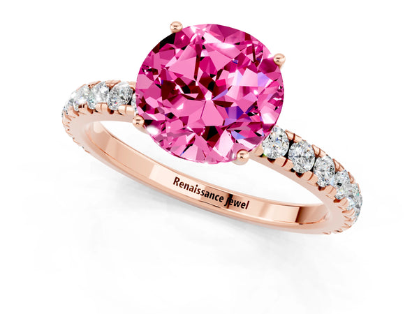 Rose gold Round Cut Pink Sapphire Pavé Solitaire Engagement Ring with Four-Prong Setting