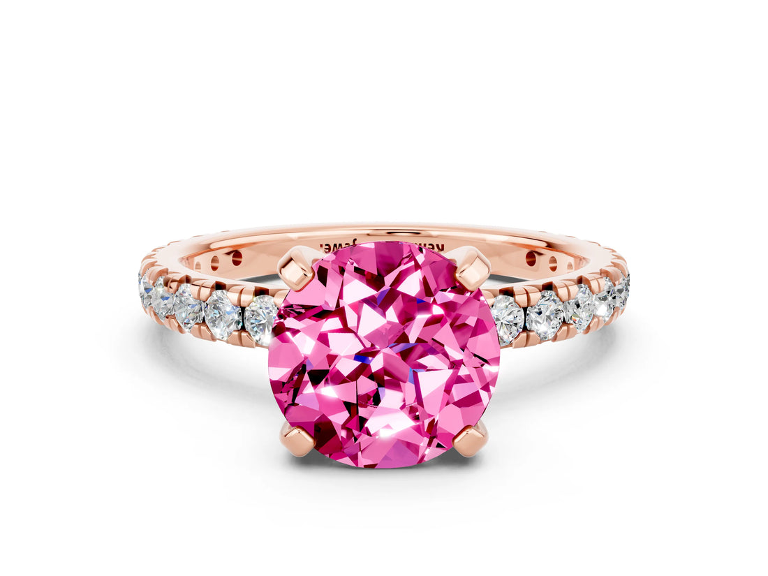 Rose gold Round Cut Pink Sapphire Pavé Solitaire Ring with Round Band and Prong Setting_12