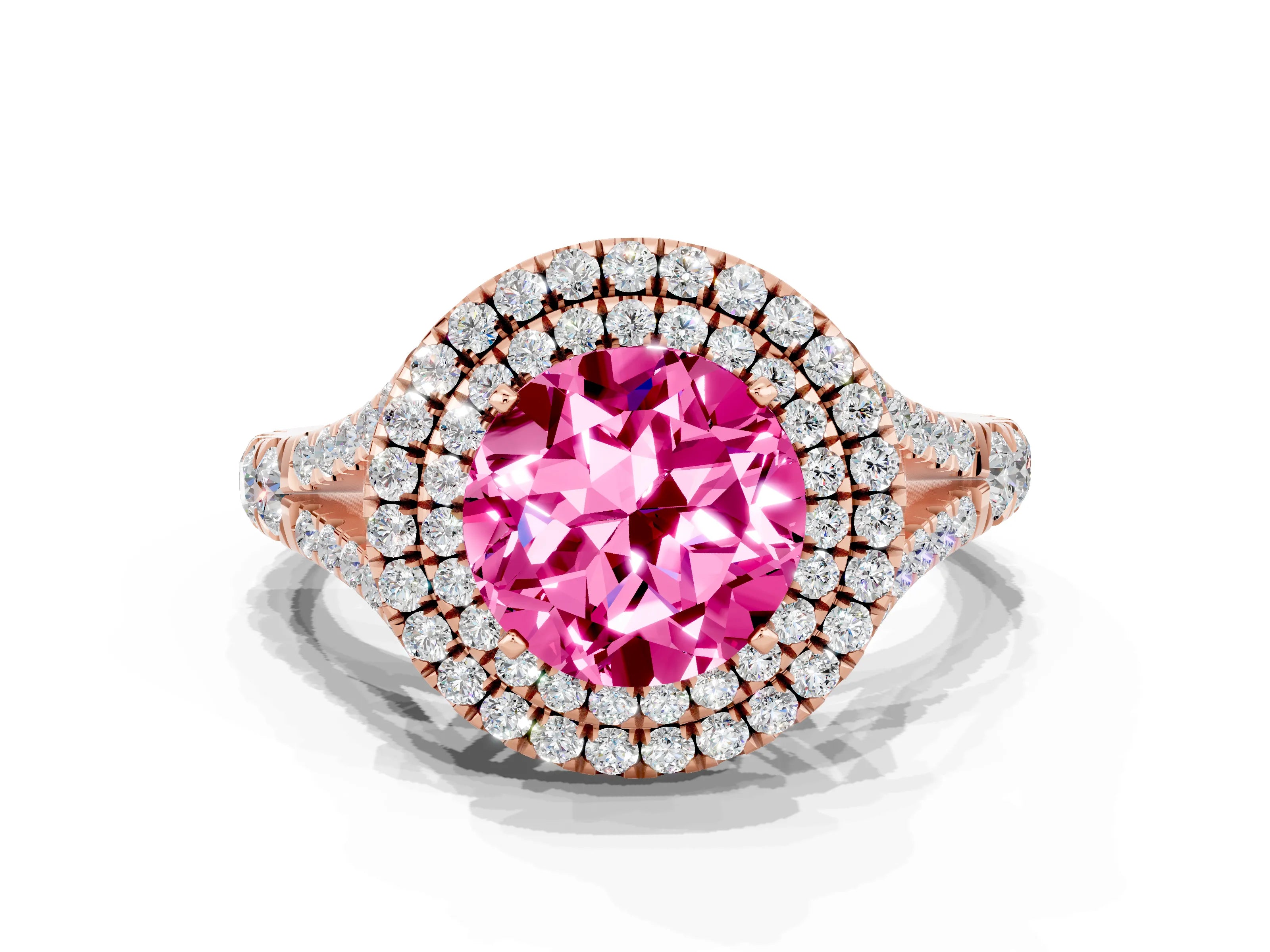 Rose gold Round Cut Pink Sapphire Pavé Split Shank Double Halo Engagement Ring