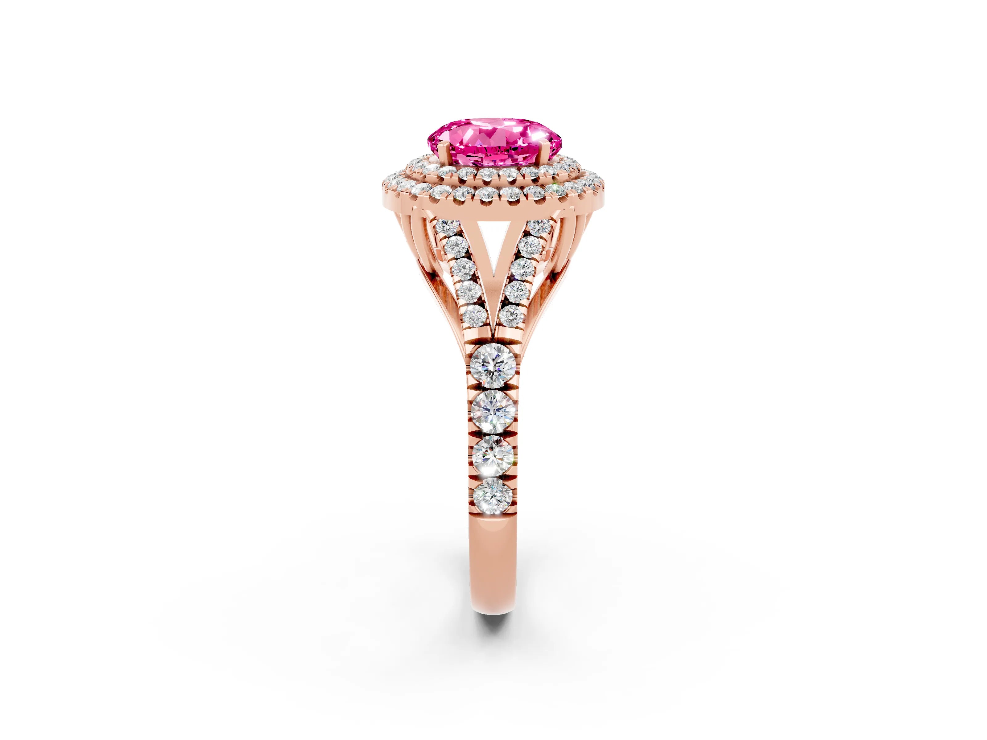 Rose gold Round Cut Pink Sapphire Pavé Split Shank Double Halo Engagement Ring_2