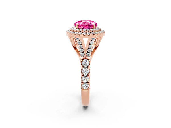 Rose gold Round Cut Pink Sapphire Pavé Split Shank Double Halo Engagement Ring