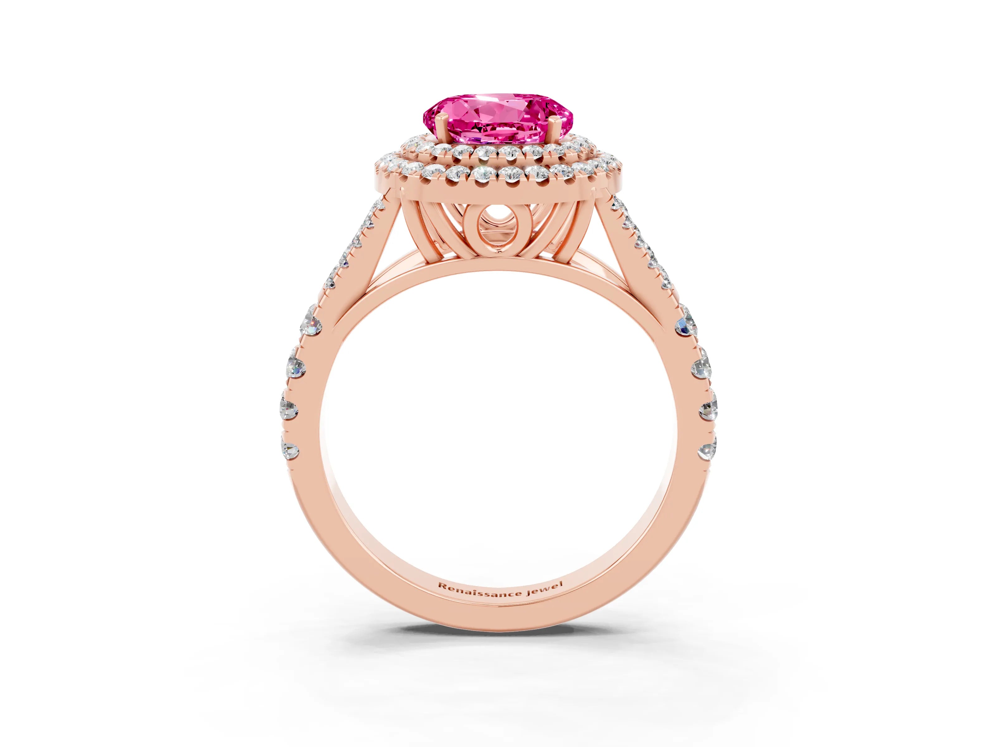 Rose gold Round Cut Pink Sapphire Pavé Split Shank Double Halo Engagement Ring_3