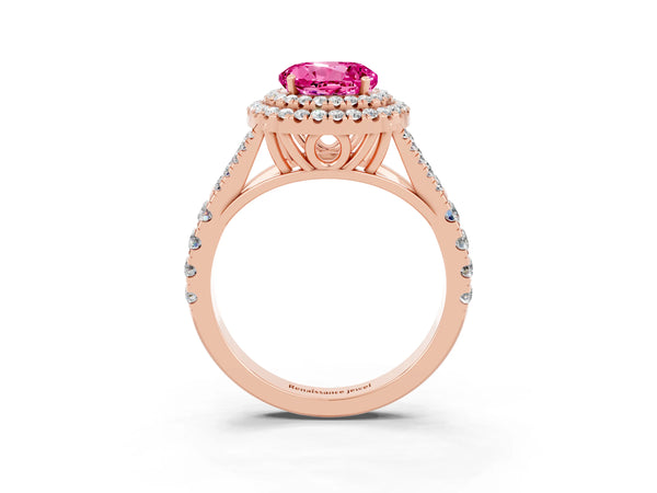 Rose gold Round Cut Pink Sapphire Pavé Split Shank Double Halo Engagement Ring