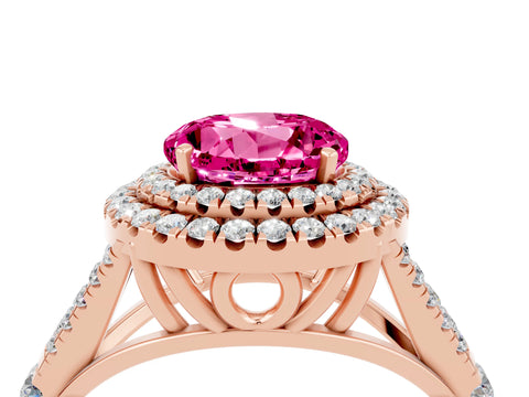 Rose gold Round Cut Pink Sapphire Pavé Split Shank Double Halo Engagement Ring_4