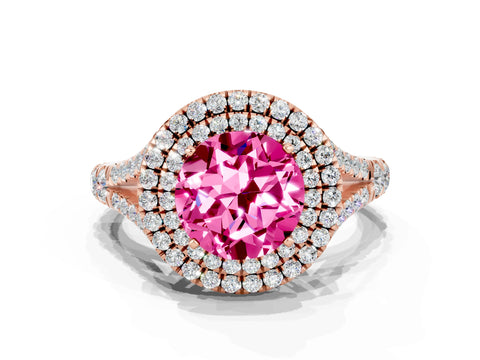 Rose gold Round Cut Pink Sapphire Pavé Split Shank Double Halo Engagement Ring