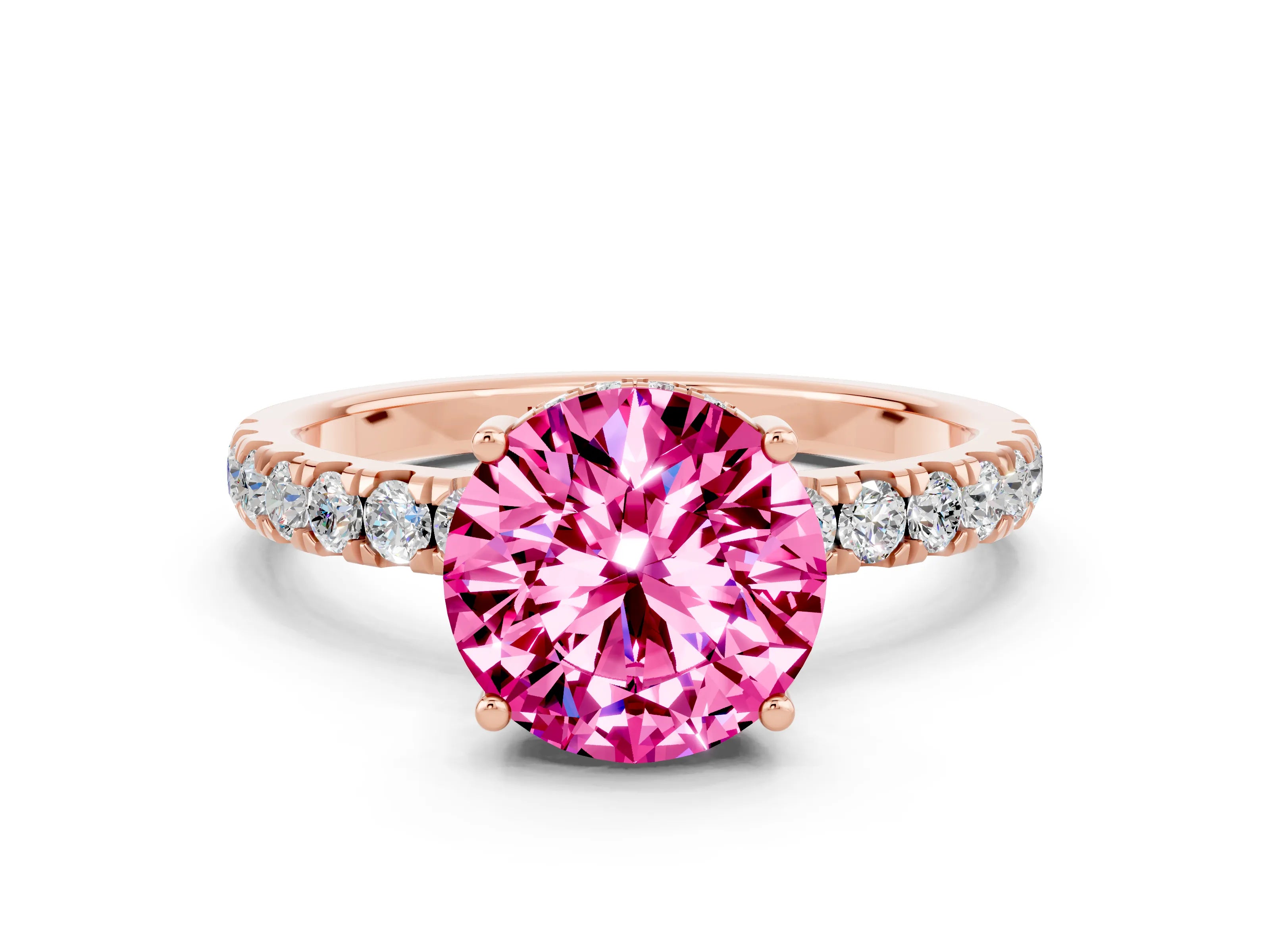 Rose gold Round Cut Pink Sapphire Pave Band Solitaire Ring with Four-Prong Setting_60