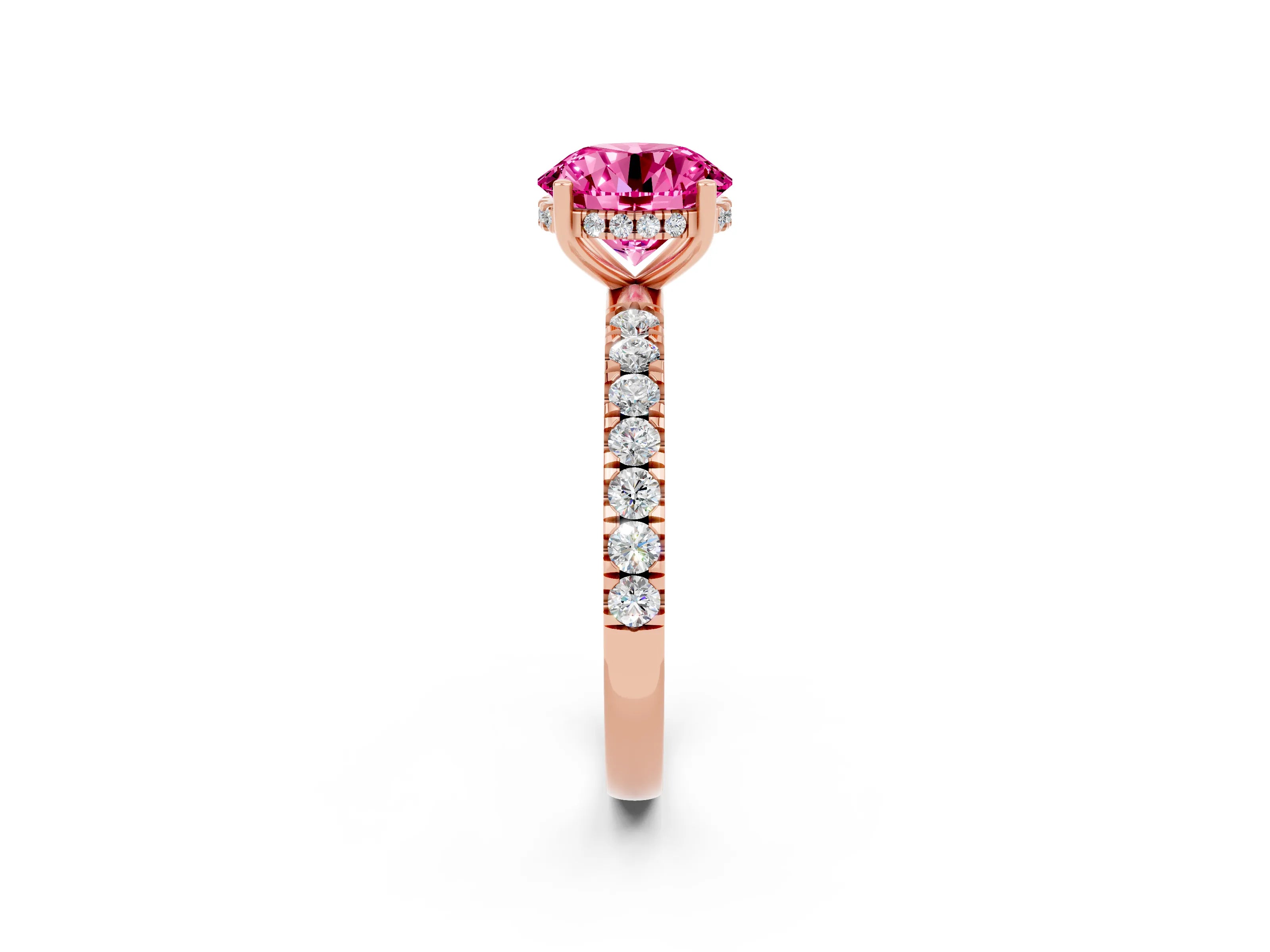 Rose gold Round Cut Pink Sapphire Pave Band Solitaire Ring with Four-Prong Setting_62