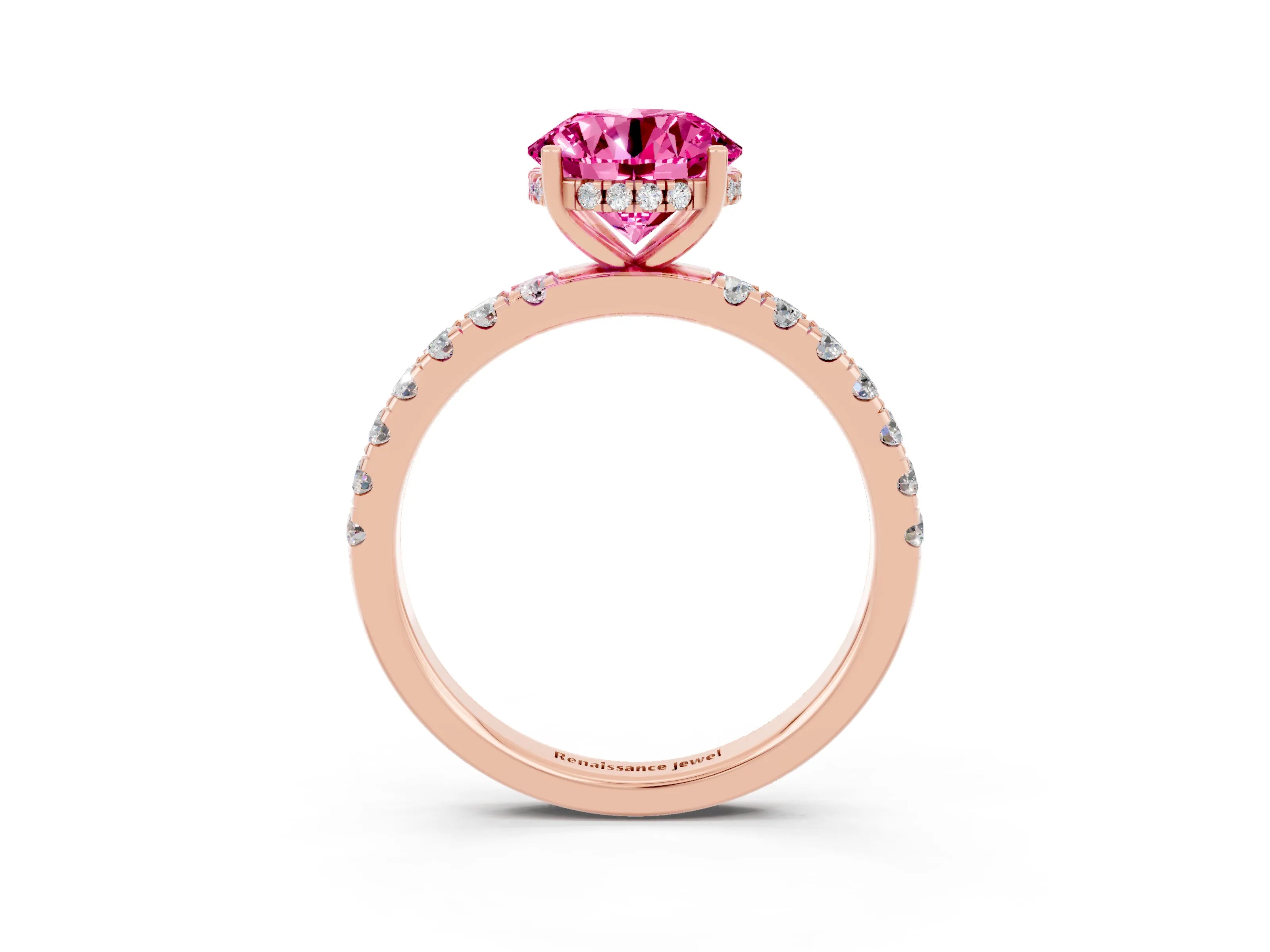 Rose gold Round Cut Pink Sapphire Pave Band Solitaire Ring with Four-Prong Setting_63
