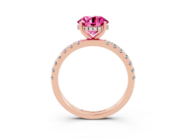 Rose gold Round Cut Pink Sapphire Pave Band Solitaire Ring with Round  and Prong Setting