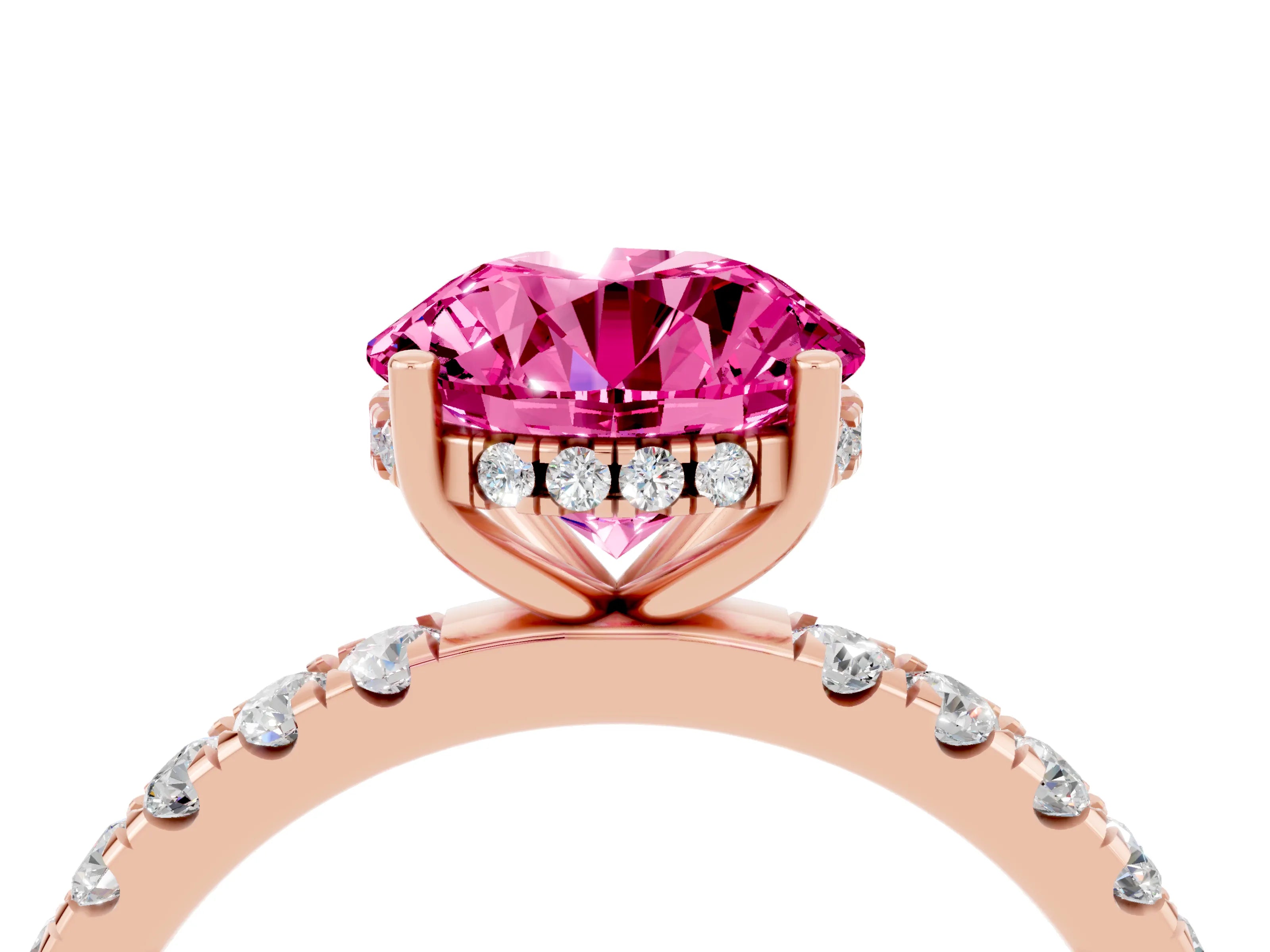 Rose gold Round Cut Pink Sapphire Pave Band Solitaire Ring with Four-Prong Setting_64