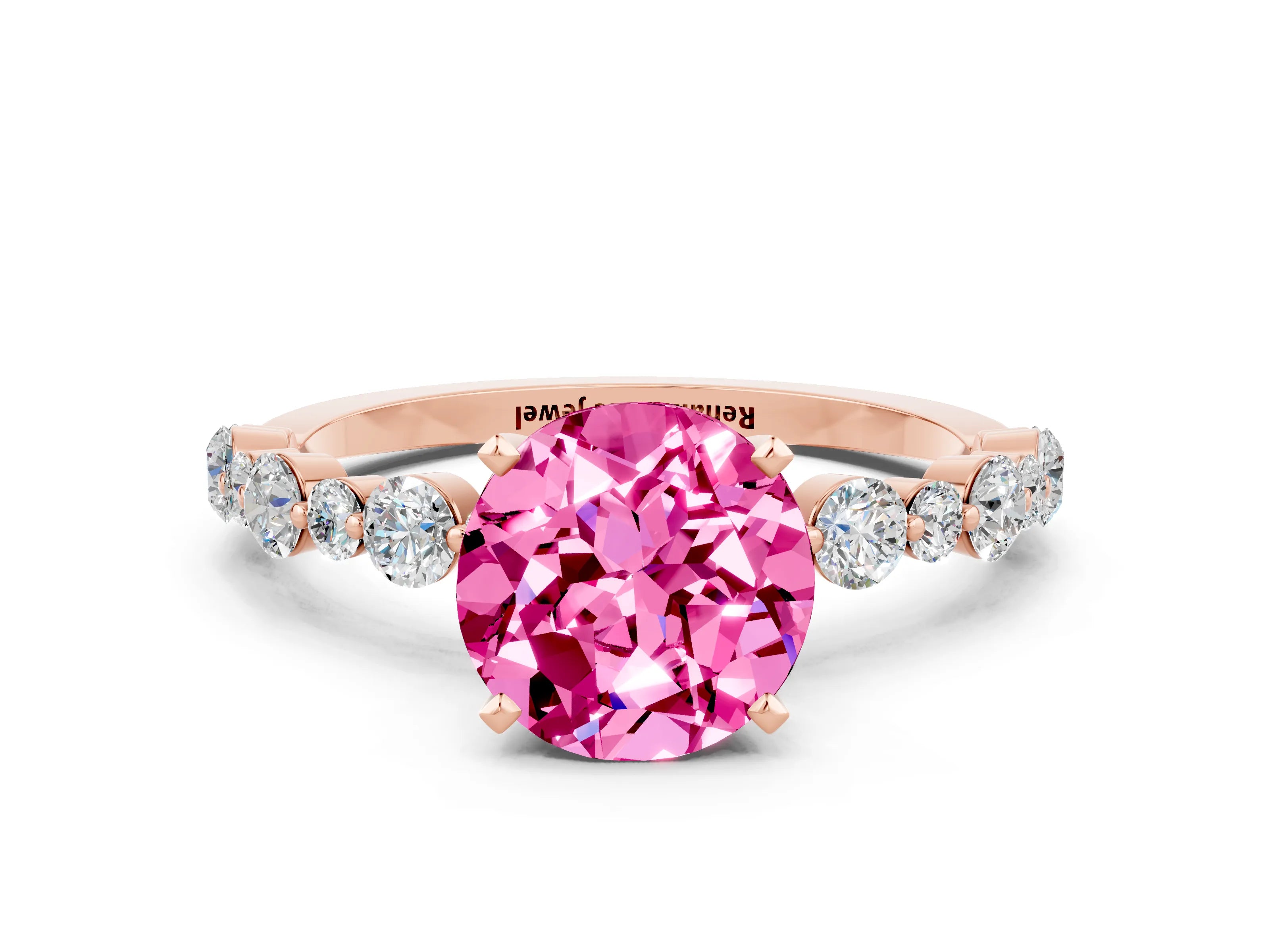 Rose gold Round Cut Pink Sapphire Prong Set Engagement Ring with Pavé Band_12