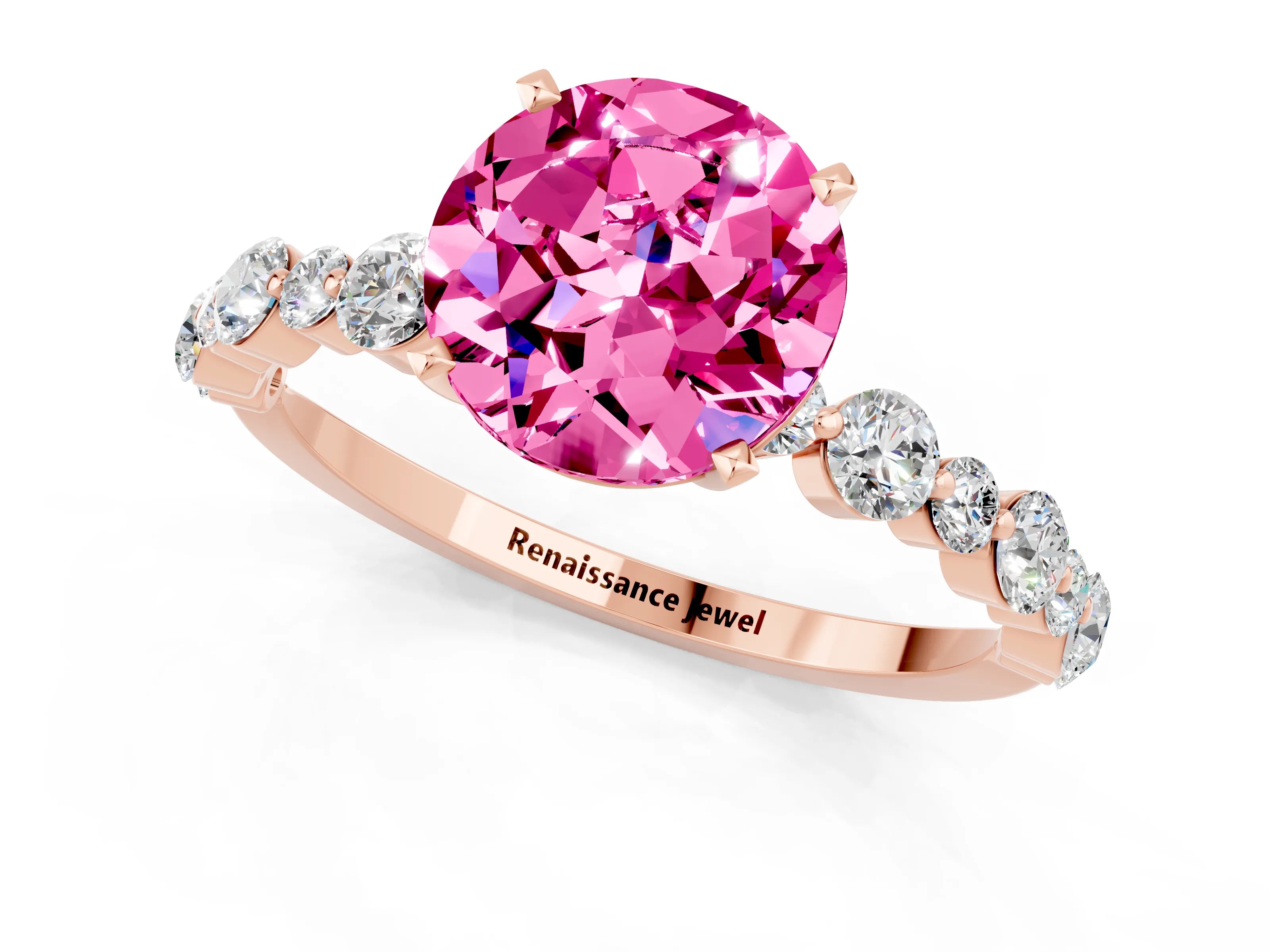 Rose gold Round Cut Pink Sapphire Prong Set Engagement Ring with Pavé Band_13