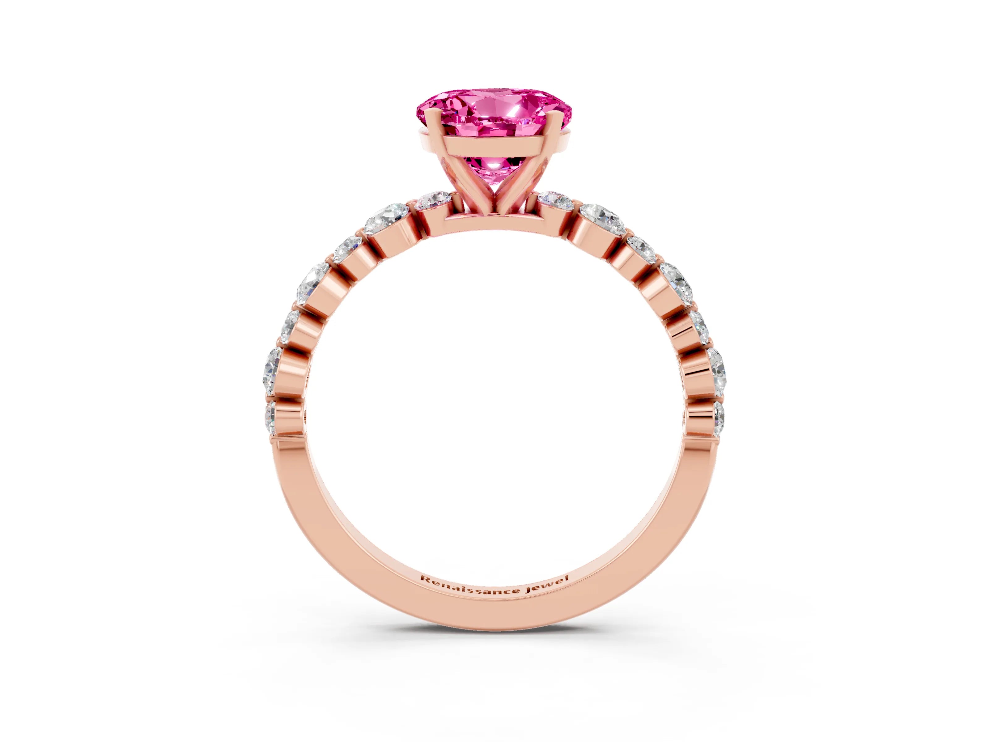 Rose gold Round Cut Pink Sapphire Prong Set Engagement Ring with Pavé Band_15
