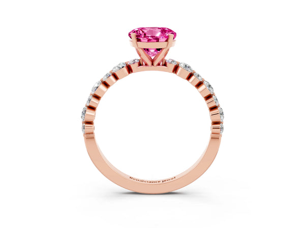 Rose gold Round Cut Pink Sapphire Prong Set Engagement Ring with Pavé Band