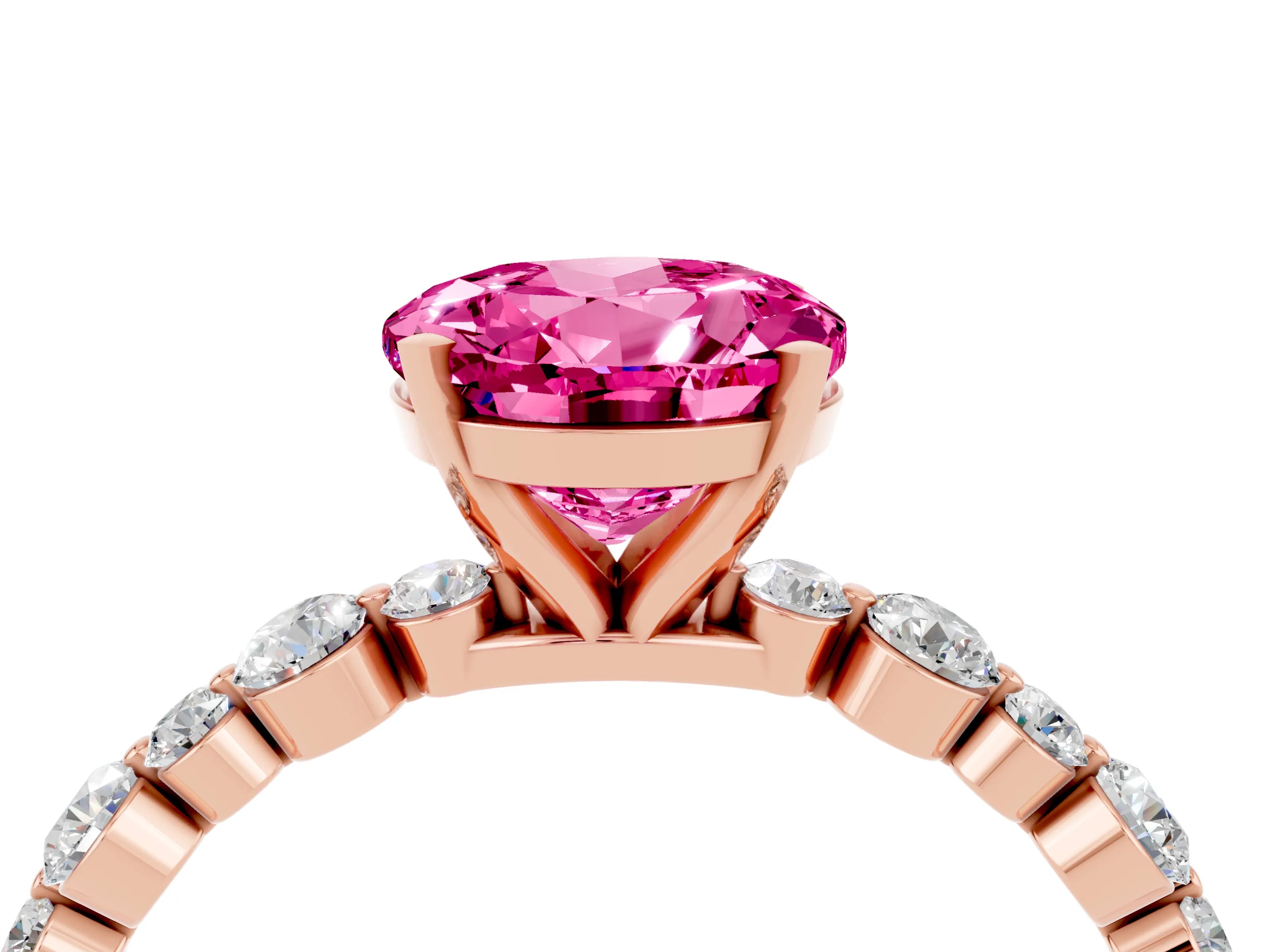 Rose gold Round Cut Pink Sapphire Prong Set Engagement Ring with Pavé Band_16