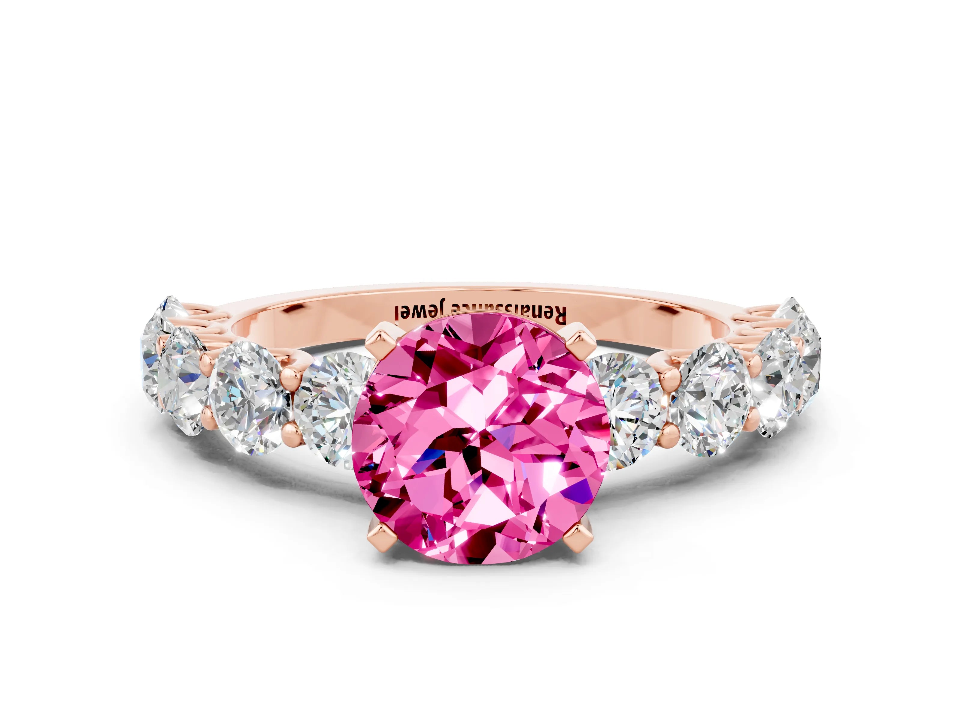 Rose gold Round Cut Pink Sapphire Prong Setting with Side Stones on a Pave Band_24